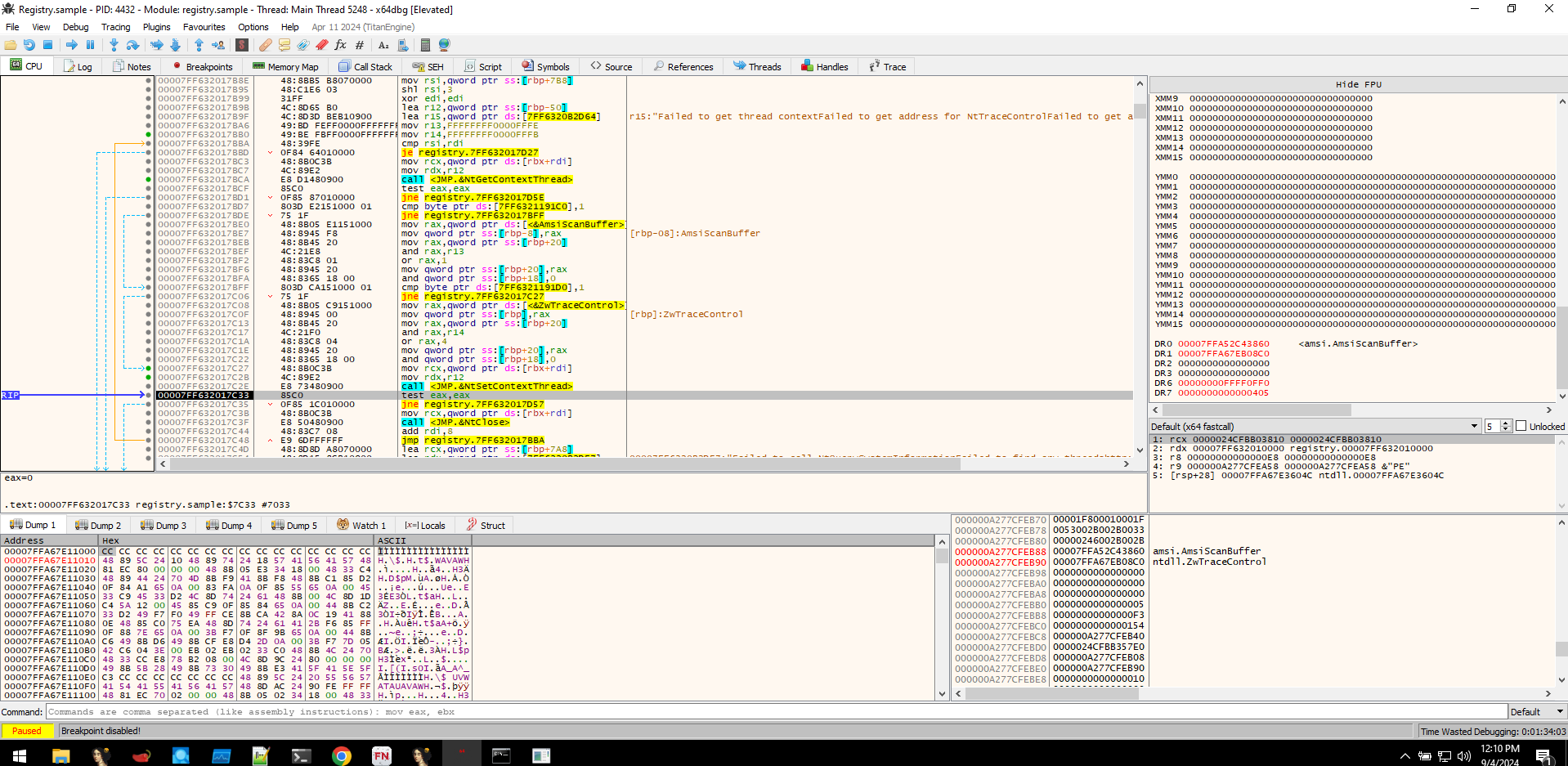 Hardware Breakpoints at AmsiScanBuffer and NtTraceControl